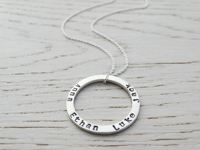 Silver Circle Necklace With Hand Stamped Names - Personalised Necklace - Sterling Silver