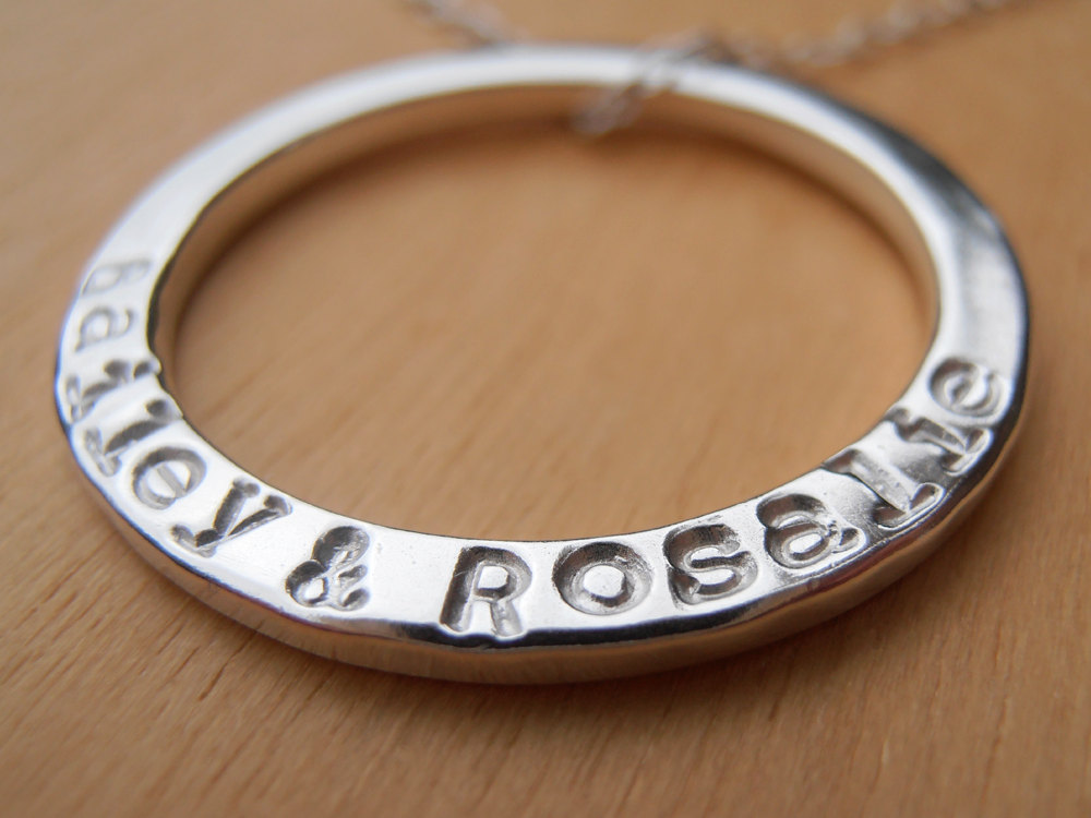 Silver Circle Necklace With Hand Stamped Names - Shiny Finish - Sterling Silver