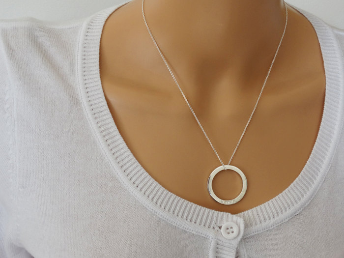Silver Circle Necklace With Hand Stamped Names - Shiny Finish - Sterling Silver