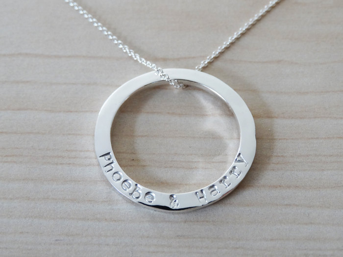 Silver Circle Necklace With Hand Stamped Names - Shiny Finish - Sterling Silver