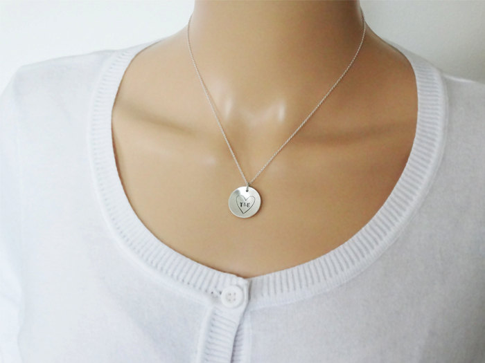 Silver Circle Necklace With Heart &amp; Intials - Sterling Silver
