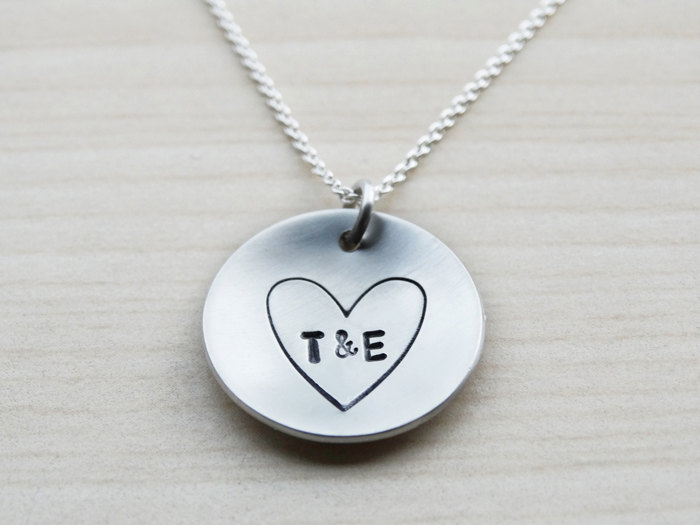 Silver Circle Necklace With Heart &amp; Intials - Sterling Silver