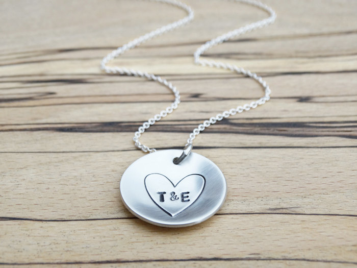Silver Circle Necklace With Heart &amp; Intials - Sterling Silver