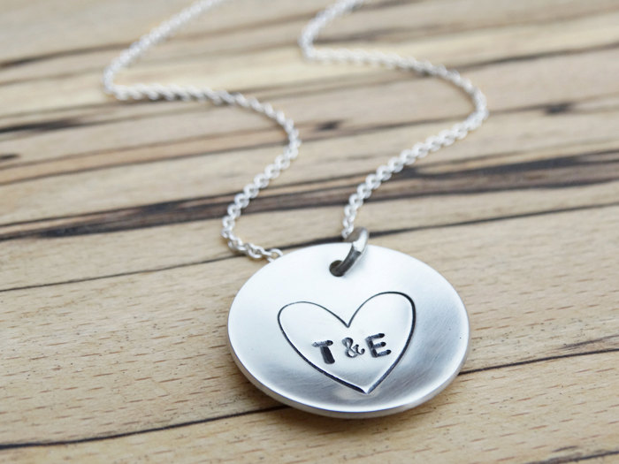 Silver Circle Necklace With Heart &amp; Intials - Sterling Silver