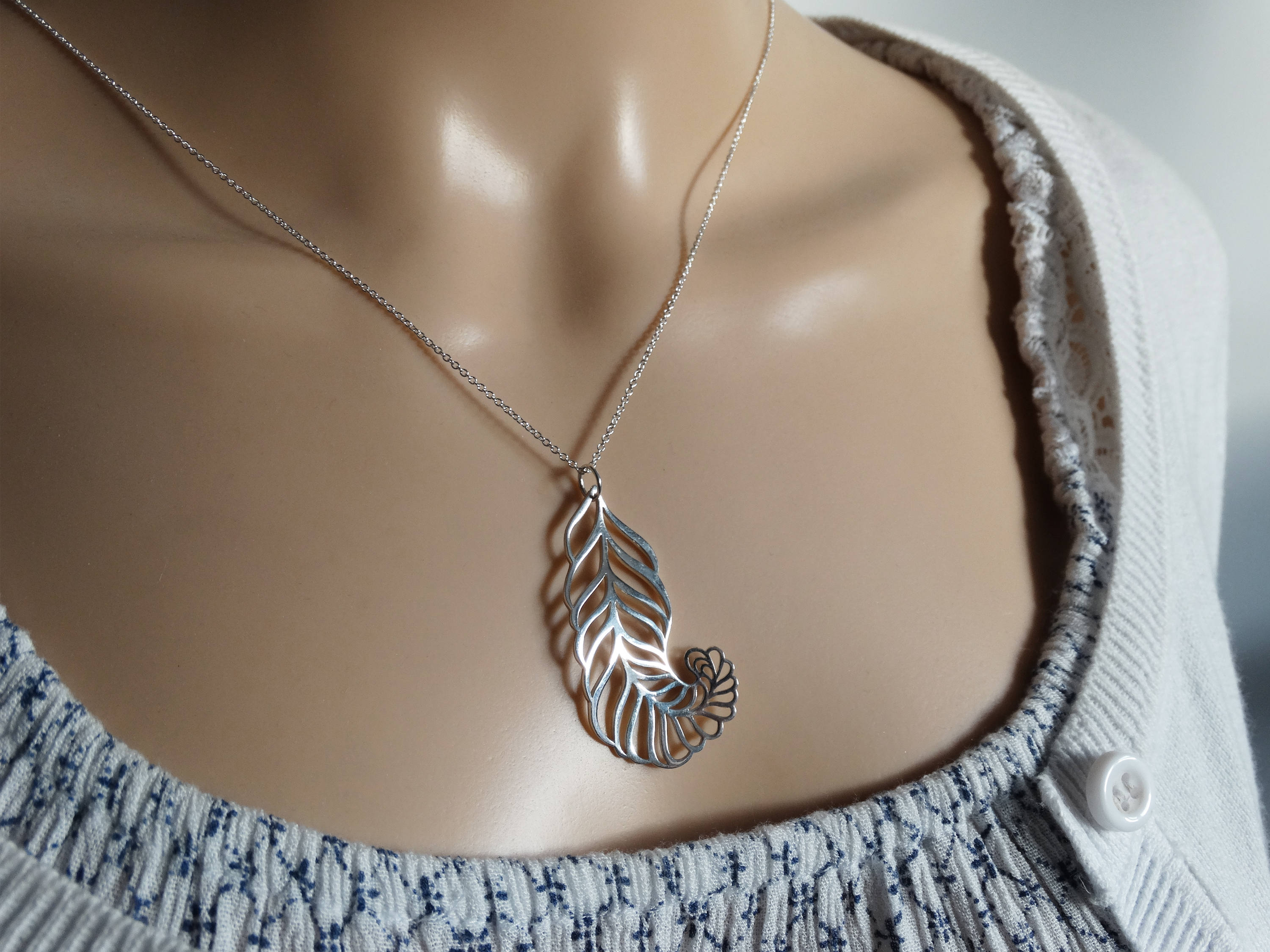 Silver Feather Necklace, Sterling Silver