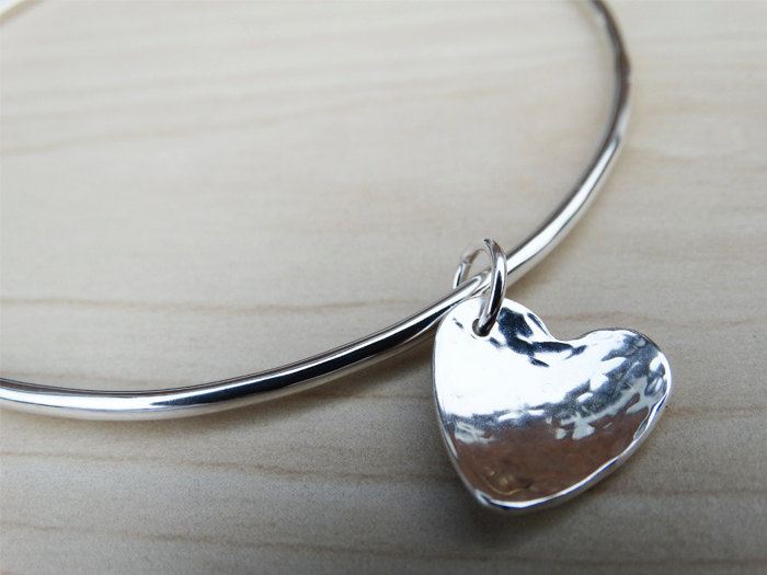 Silver Heart Bangle - Hammered Heart - Sterling Silver