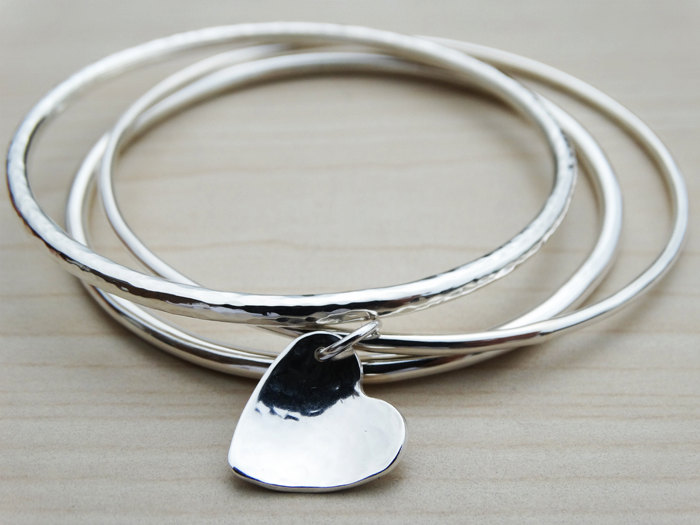 Silver Heart Bangle - Hammered Heart - Sterling Silver
