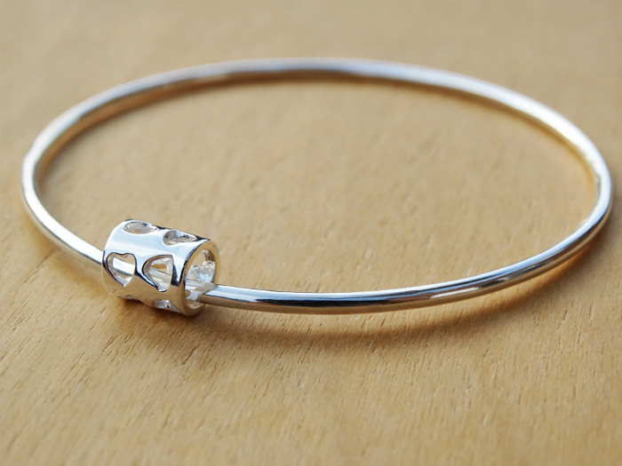 Silver Heart Bead Bangle - Sterling Silver