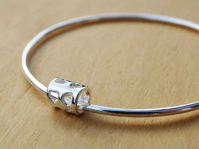 Silver Heart Bead Bangle - Sterling Silver