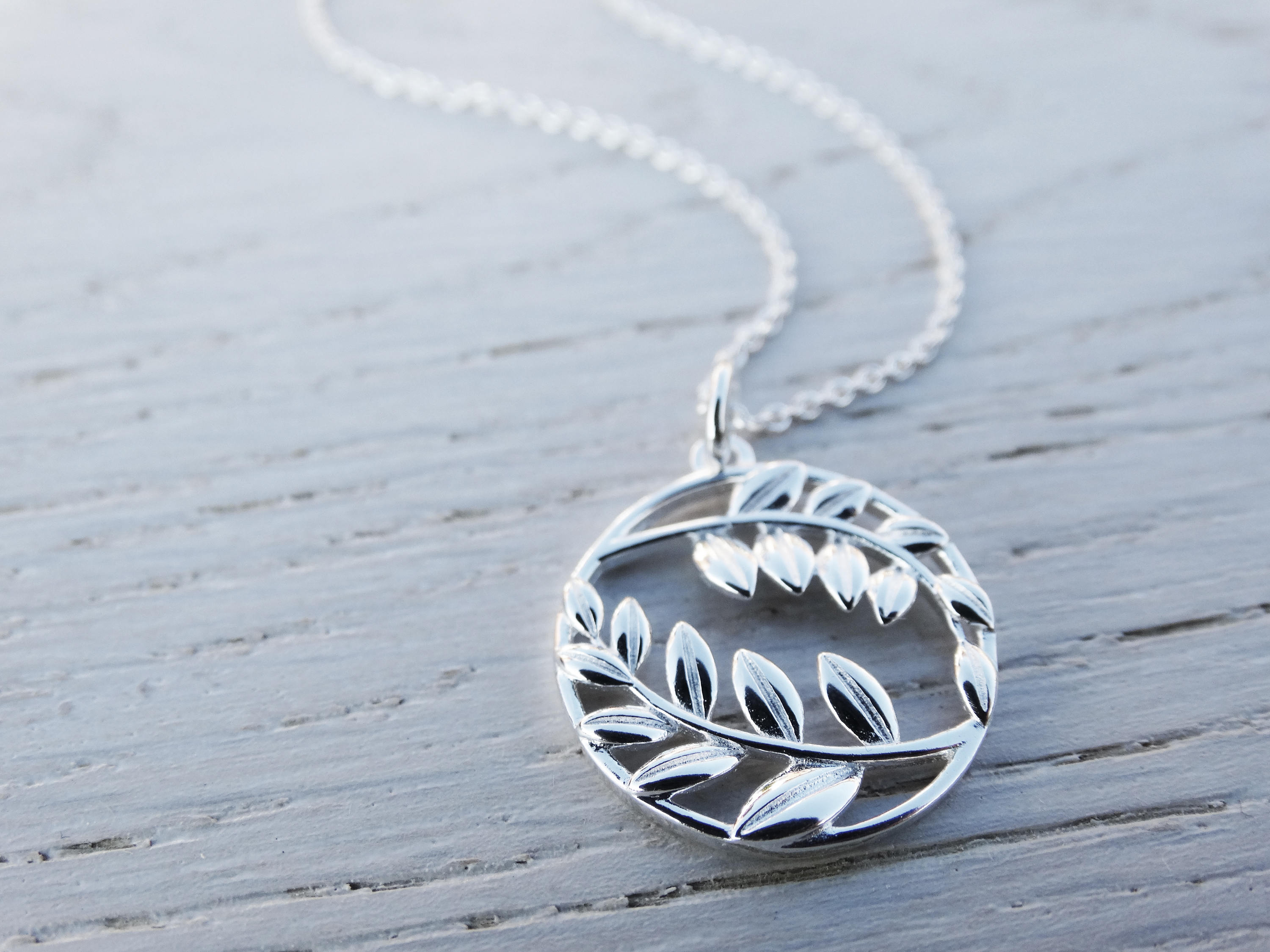 Silver Leaf Necklace, Circle Pendant, Sterling Silver