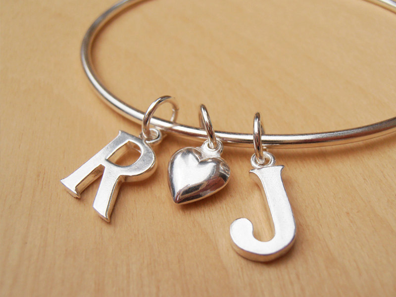 Silver Monogram Bangle With 2 Initials &amp; Silver Heart - Personalized Wedding Or Engagement Gift, Children's Names - Sterling Silver