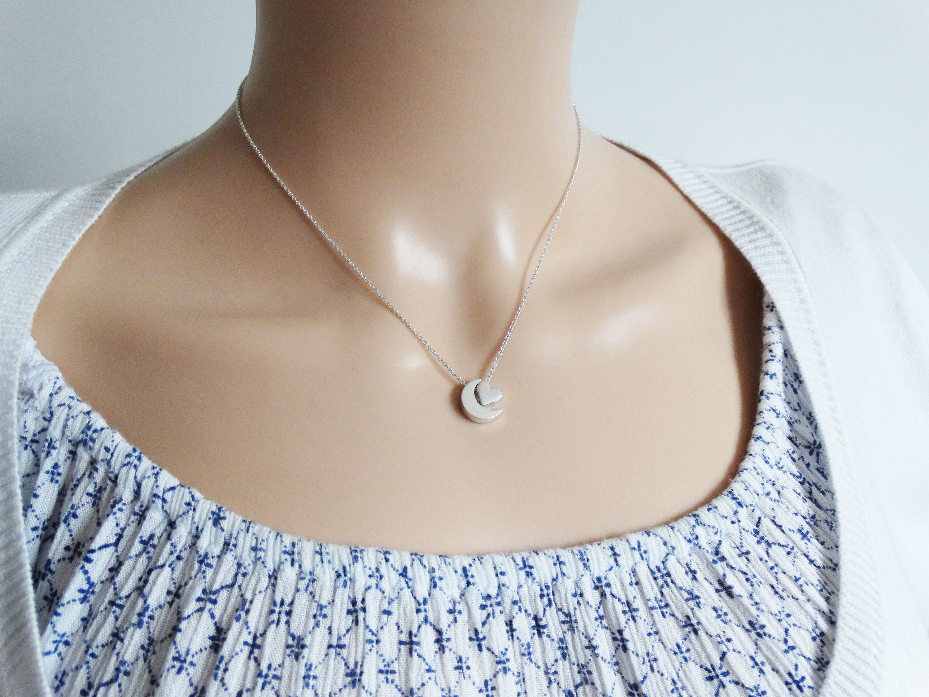 Silver Moon &amp; Heart Necklace, Sterling Silver, Love You To The Moon And Back