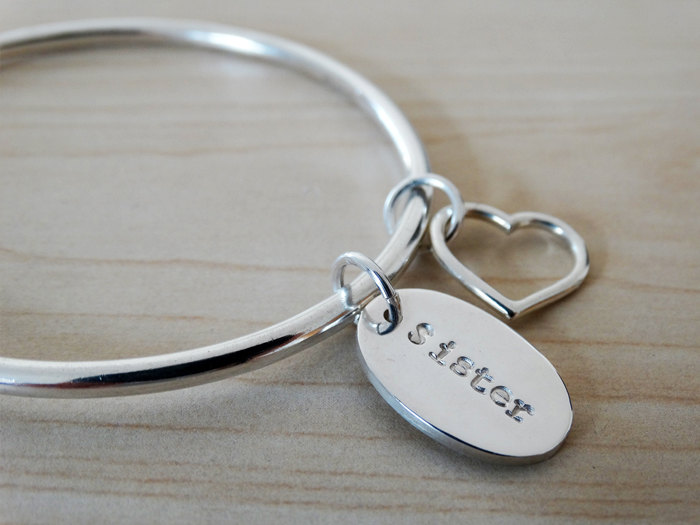 Silver 'Sister' Bangle &amp; Heart - Sterling Silver
