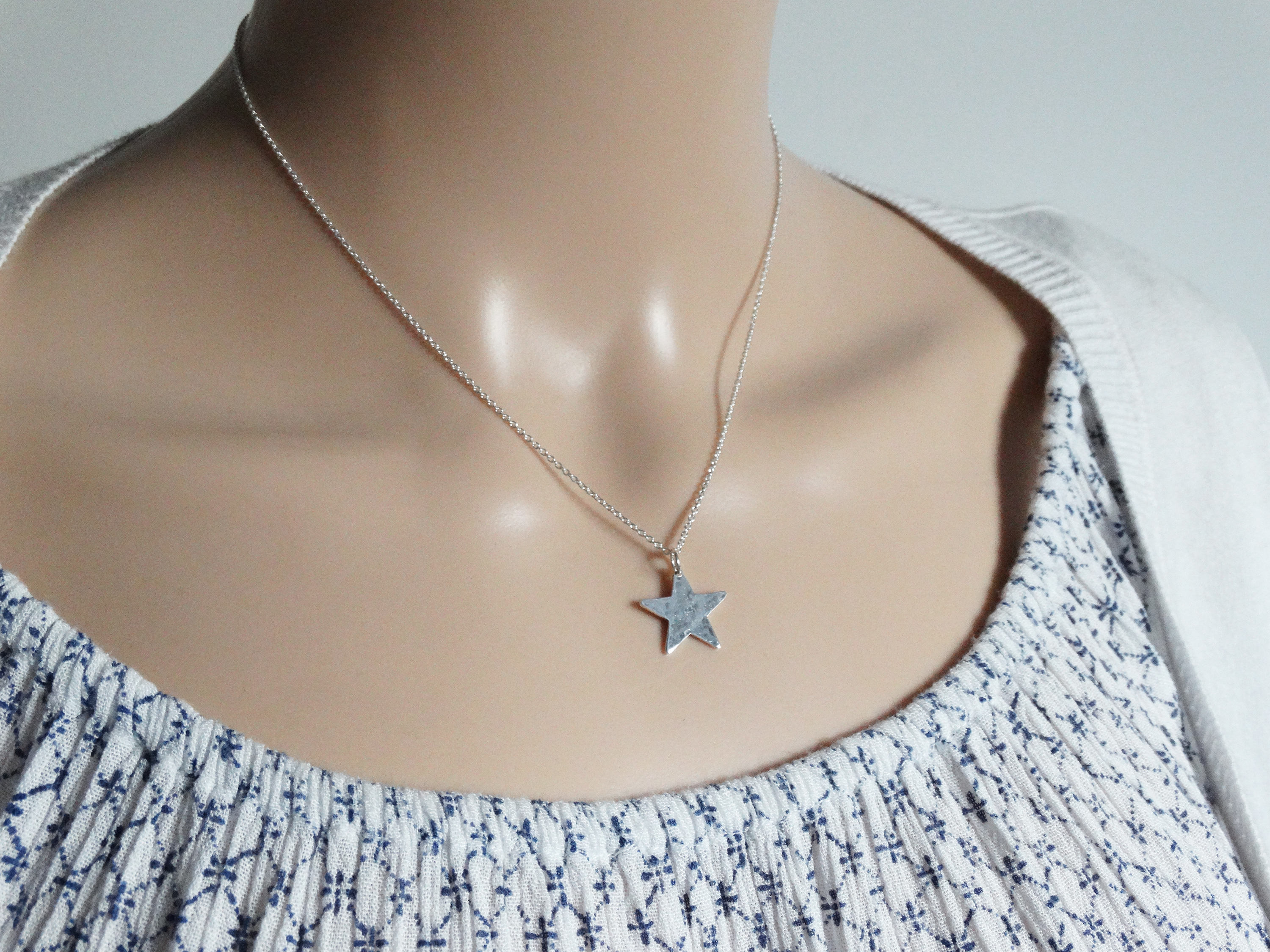 Silver Star Necklace, Hammered Finish, Sterling Silver