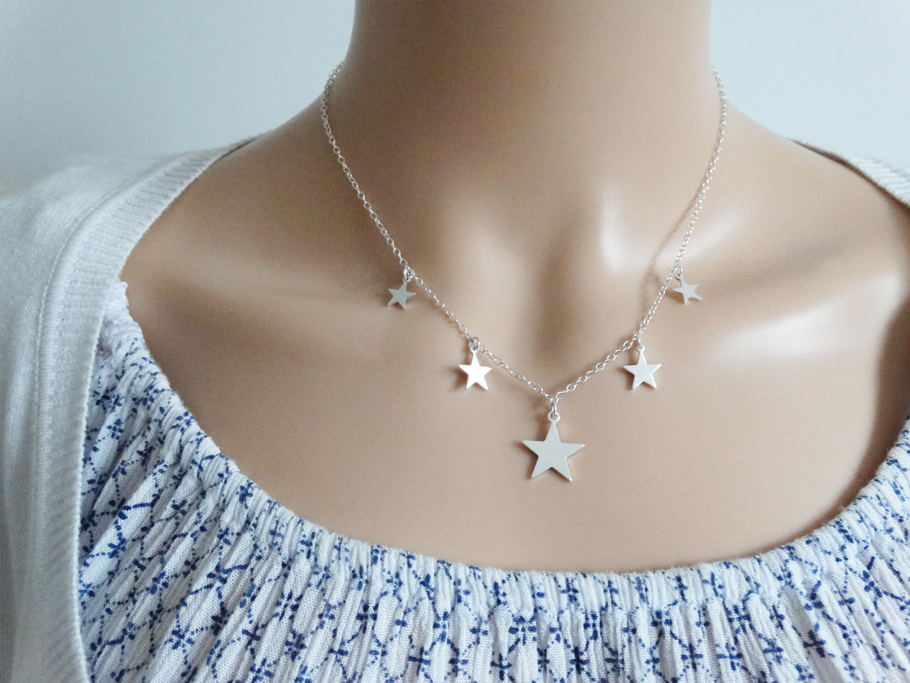 Silver Stars Necklace, Sterling Silver, 5 Stars