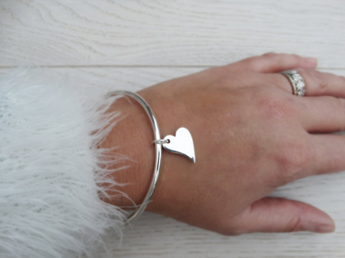 Solid Silver Bangle &amp; Heart - Irregular Heart - Sterling Silver
