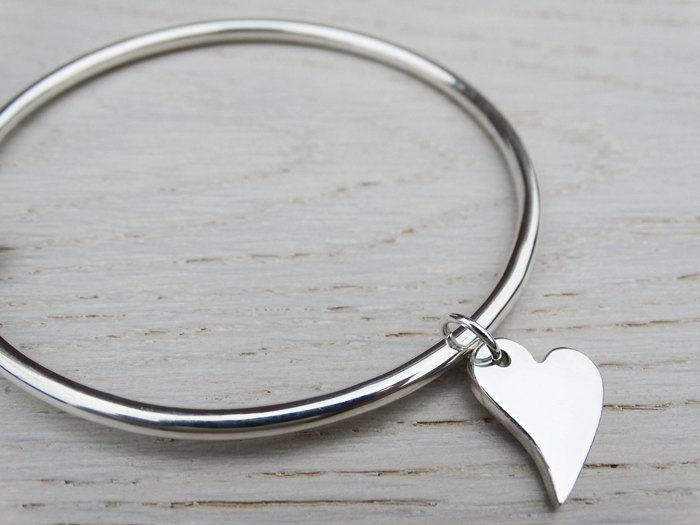 Solid Silver Bangle &amp; Heart - Irregular Heart - Sterling Silver