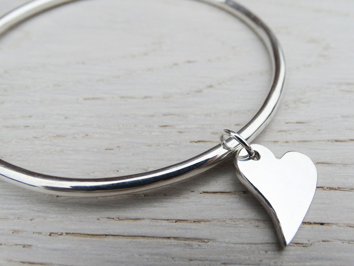 Solid Silver Bangle &amp; Heart - Irregular Heart - Sterling Silver