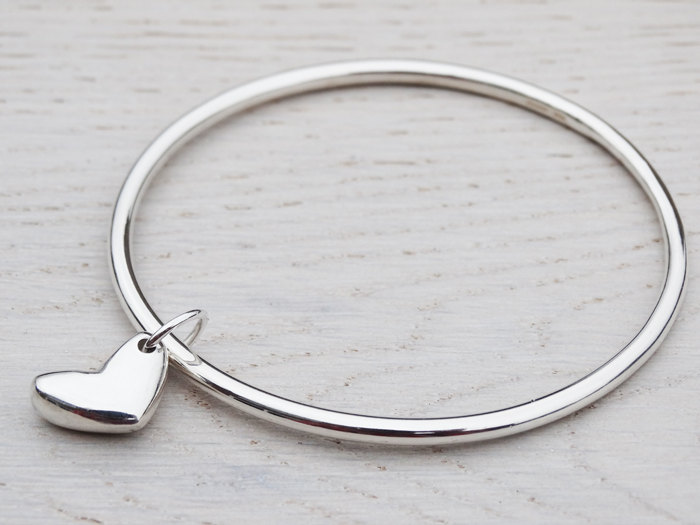Solid Silver Bangle &amp; Heart - Sterling Silver