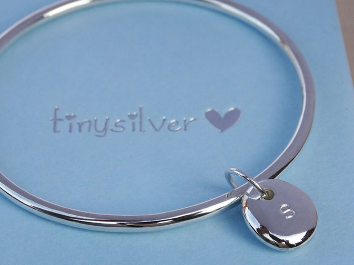 Solid Silver Bangle &amp; Personalised Initial Pebble - Sterling Silver