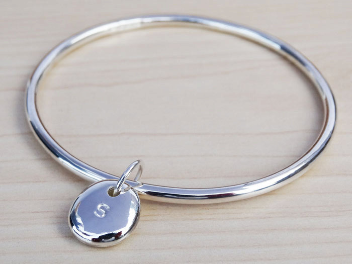 Solid Silver Bangle &amp; Personalised Initial Pebble - Sterling Silver