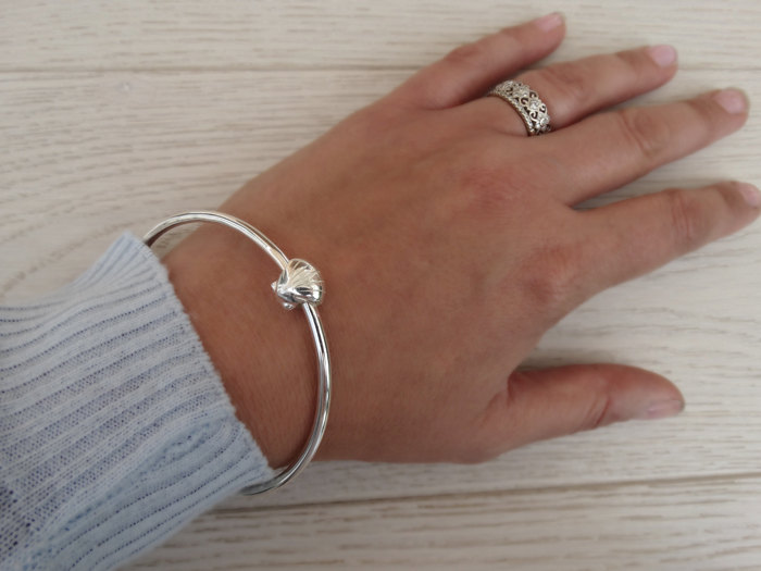 Solid Silver Bangle &amp; Silver Seashell Bead - Sterling Silver
