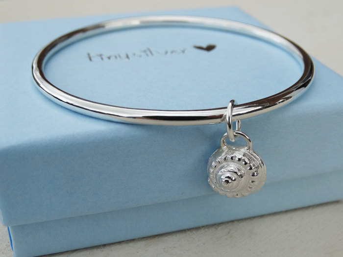 Solid Silver Bangle &amp; Silver Winkle Seashell - Sterling Silver