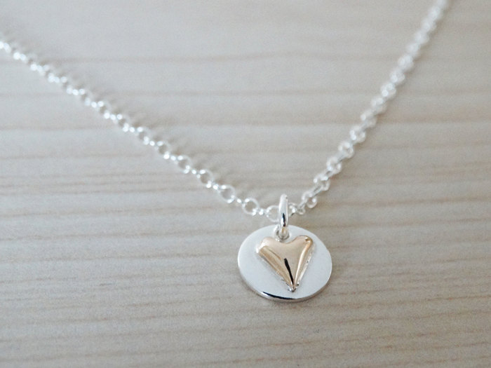Tiny 18ct Gold Heart &amp; Silver Circle Necklace - Sterling Silver
