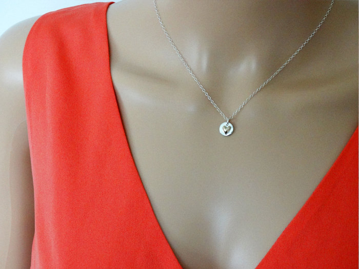 Tiny 18ct Gold Heart &amp; Silver Circle Necklace - Sterling Silver