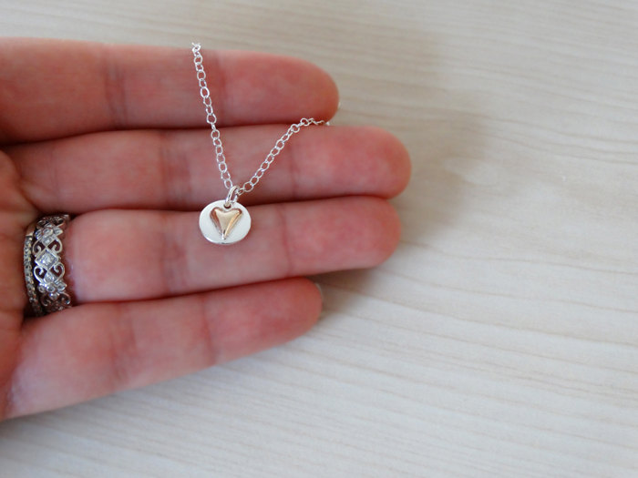 Tiny 18ct Gold Heart &amp; Silver Circle Necklace - Sterling Silver