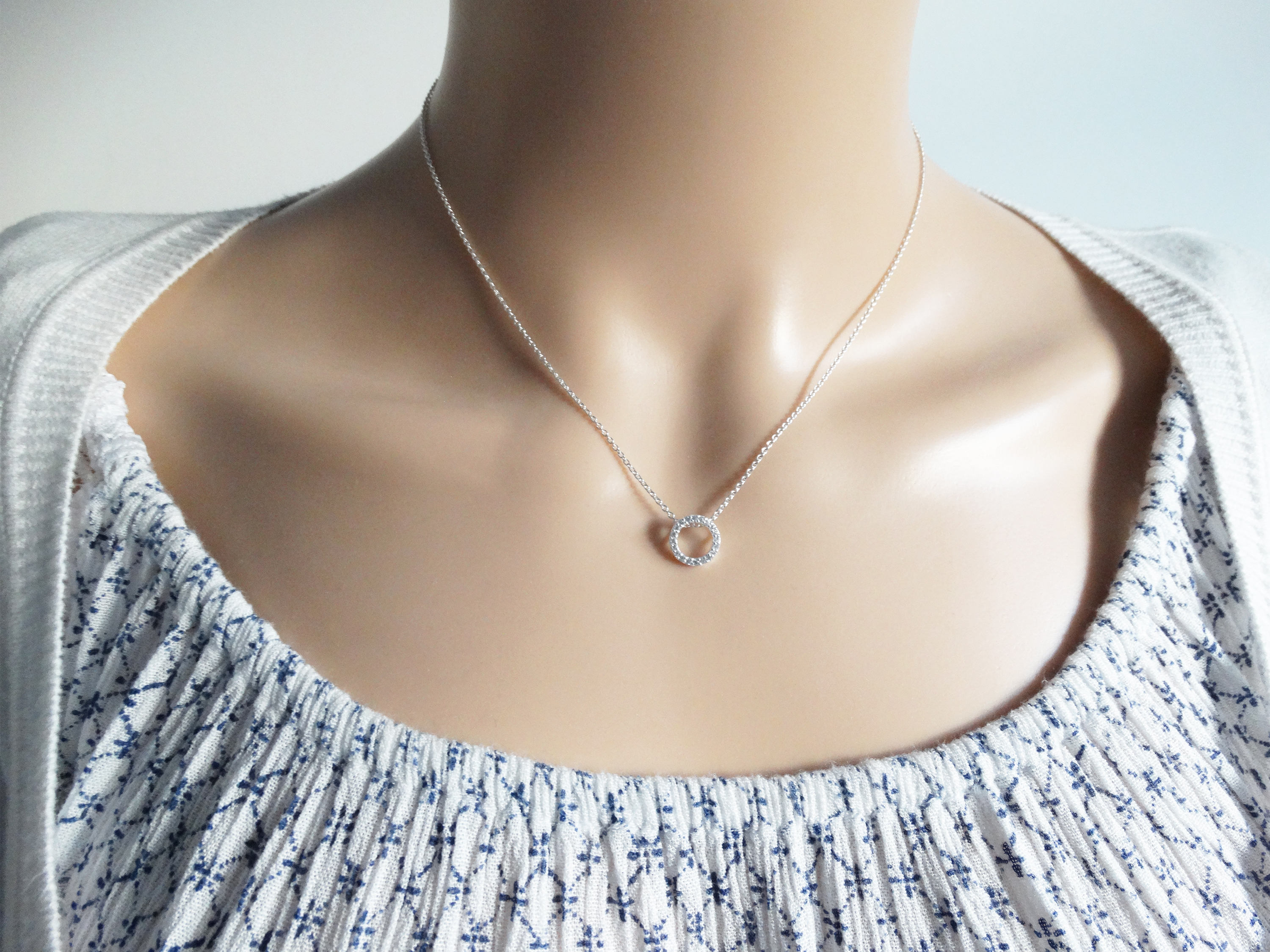 Tiny Circle Necklace, Cubic Zirconia, Sterling Silver