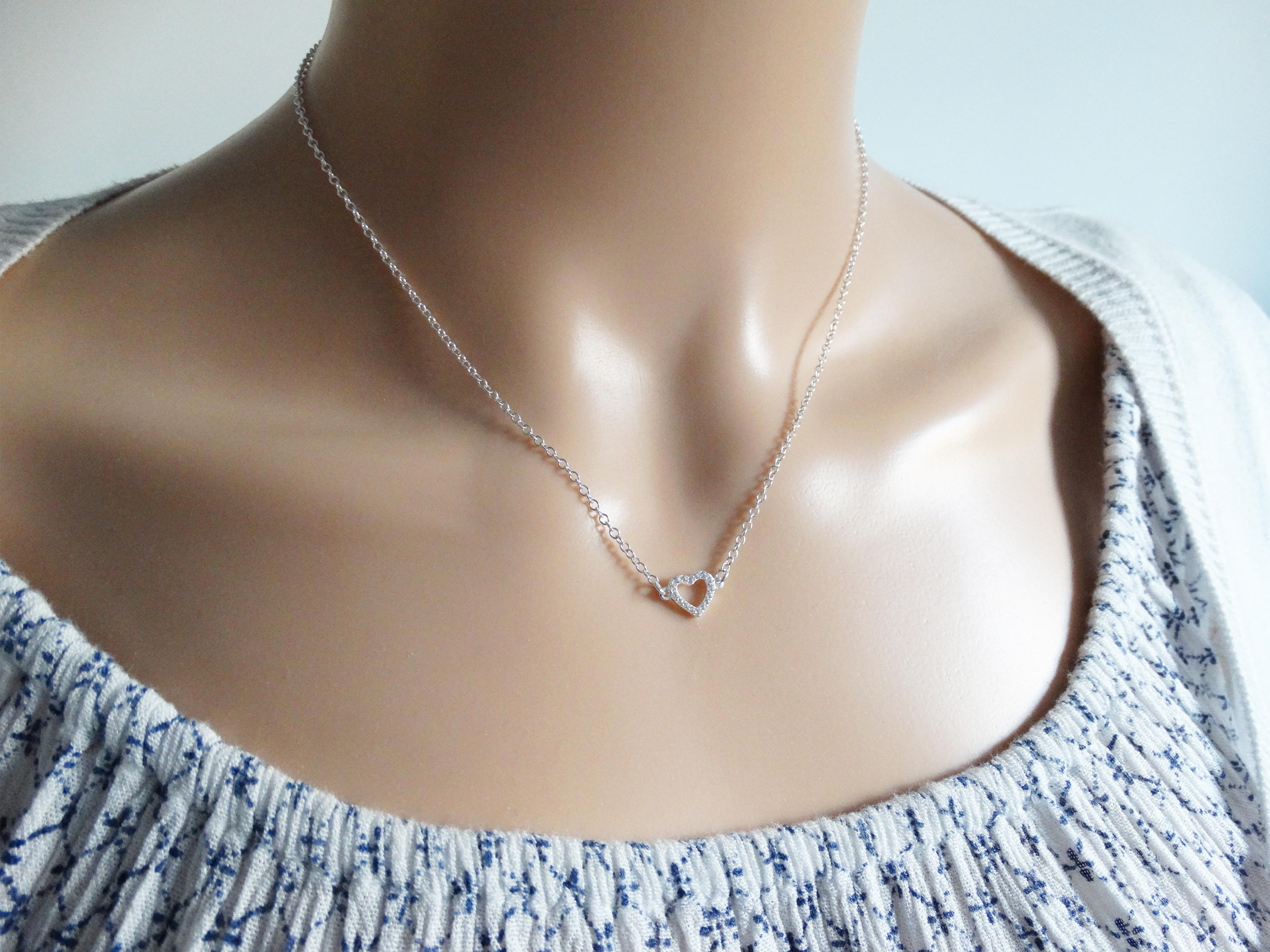 Tiny Heart Necklace, Cubic Zirconia, Sterling Silver