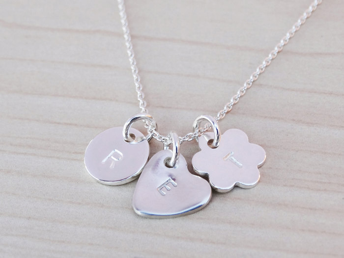 Tiny Silver Charms Necklace With Initial, Sterling Silver