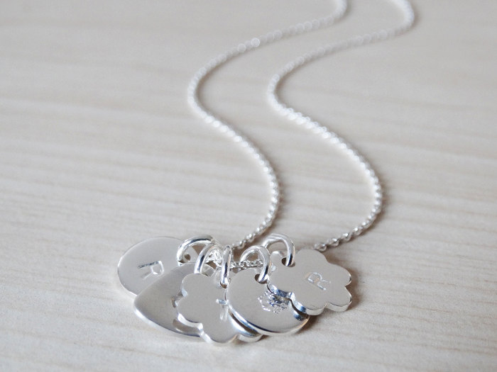 Tiny Silver Charms Necklace With Initial, Sterling Silver