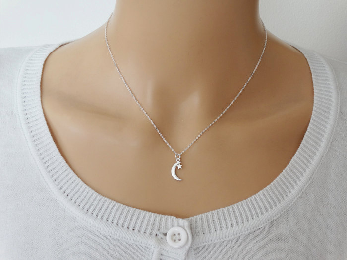 Tiny Silver Moon &amp; Star Necklace - Sterling Silver
