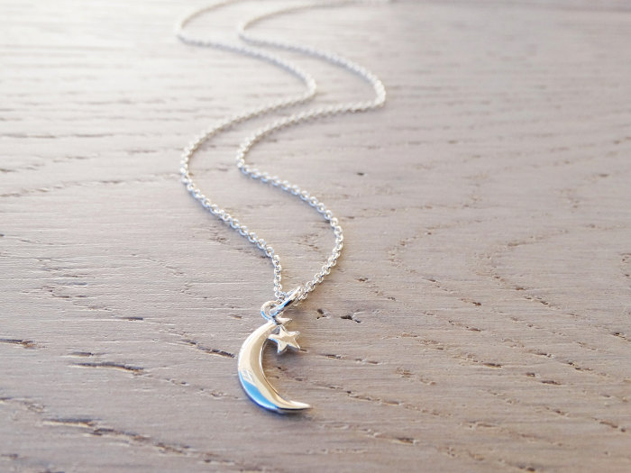 Tiny Silver Moon &amp; Star Necklace - Sterling Silver