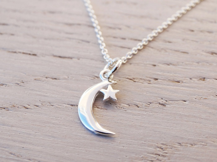 Tiny Silver Moon &amp; Star Necklace - Sterling Silver