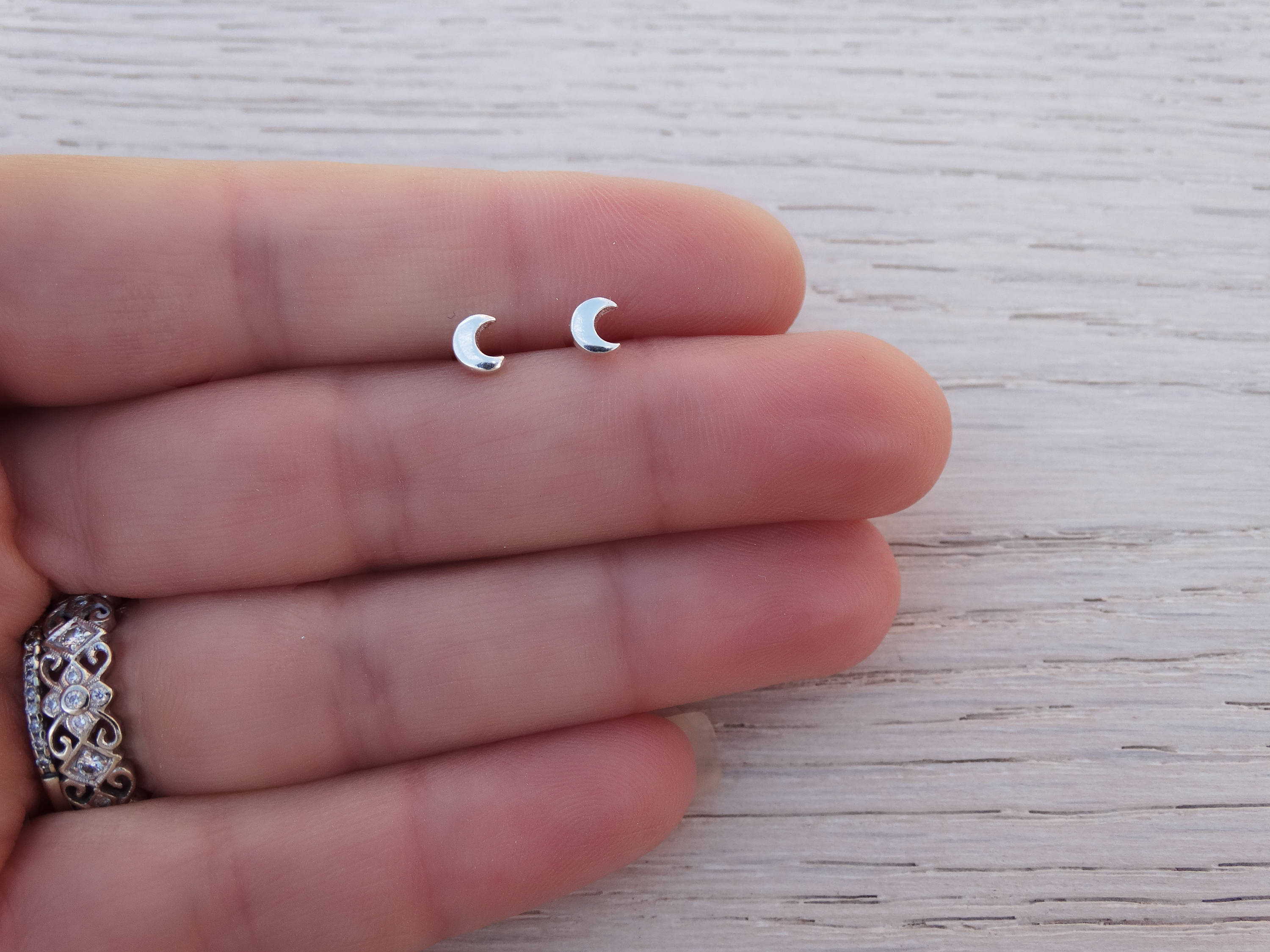 Tiny Silver Moon Studs, Sterling Silver, Crescent Moon Earrings