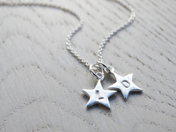 Tiny Silver Star Necklace, 2 Stars With Initials, Personalised, Sterling Silver