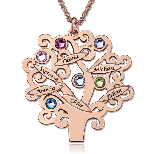 Engraved Family Tree Necklace with Birthstones Sterling Silver - Handmade By AOL Special