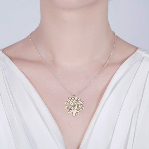 Engraved Family Tree Necklace with Birthstones Sterling Silver - Handmade By AOL Special