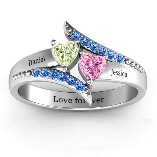 Diagonal Dream Ring With Heart Stones - Handmade By AOL Special