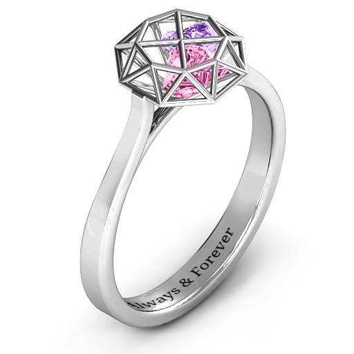 Diamond Cage Ring with Encased Heart Stones - Handmade By AOL Special