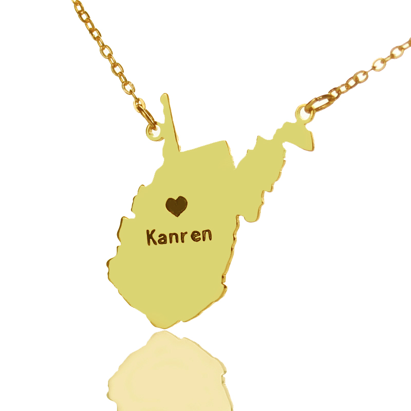 Custom West Virginia State Shaped Necklaces With Heart Name Gold - Handmade By AOL Special