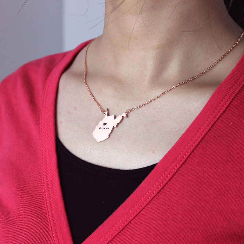 West Virginia State Shaped Necklaces With Heart Name Rose Gold - Handmade By AOL Special