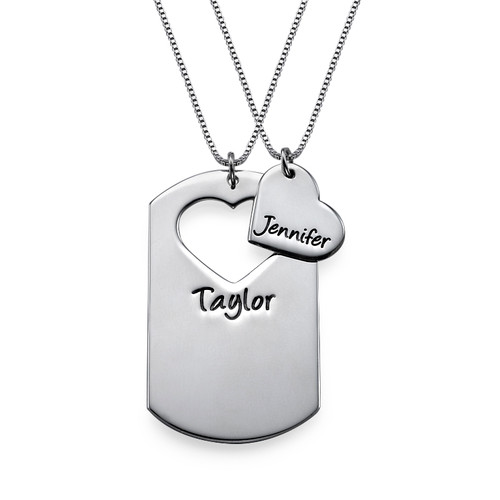 AOL Special Couples Dog Tag Necklace With Cut Out Heart